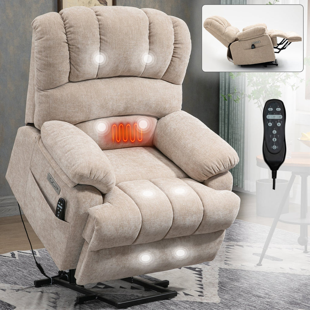 Lift Recliner Chair Power Oversized Chenille Beige 23 In Seat USB 350 LB