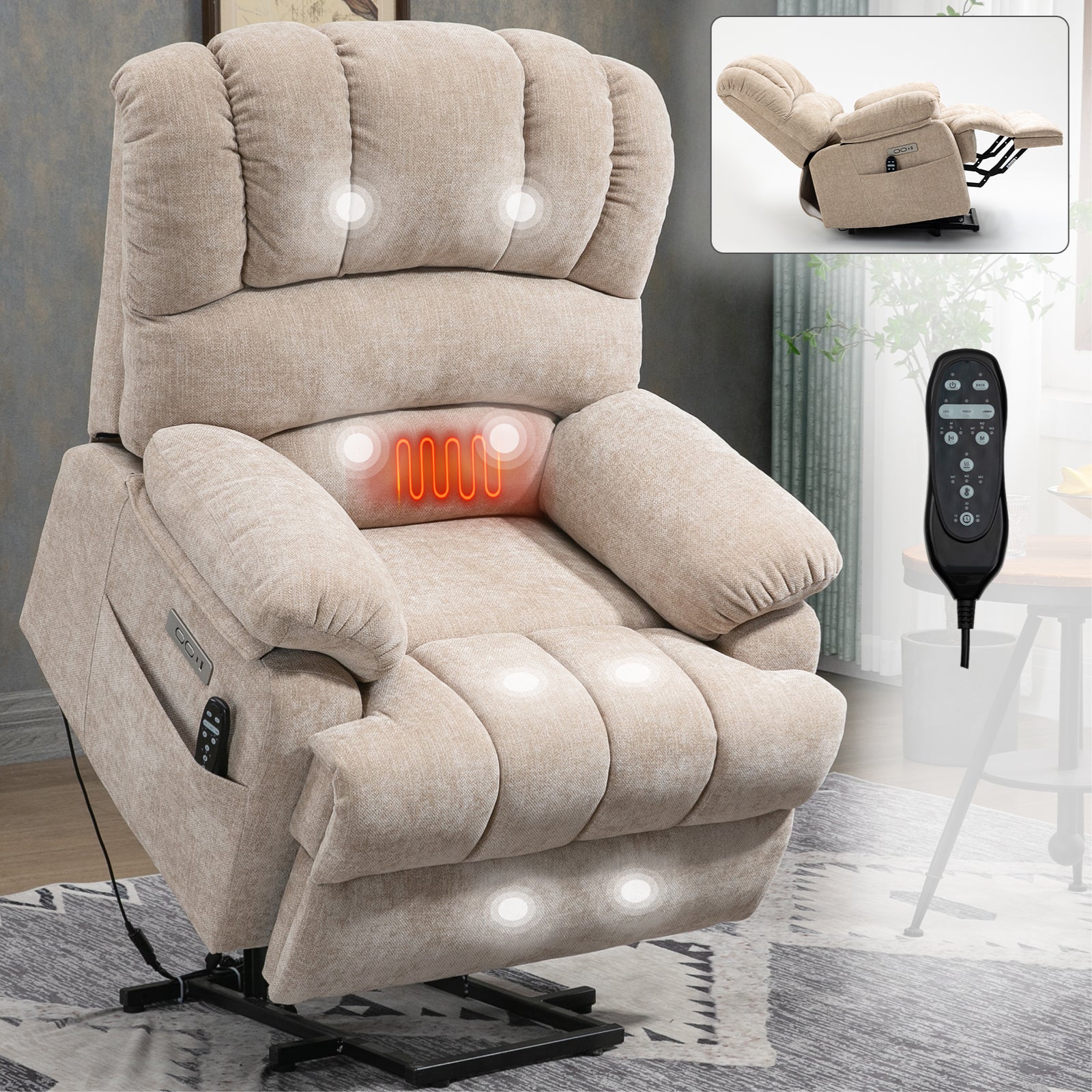 Lift Recliner Chair Power Oversized Chenille Beige 23 In Seat USB 350 LB