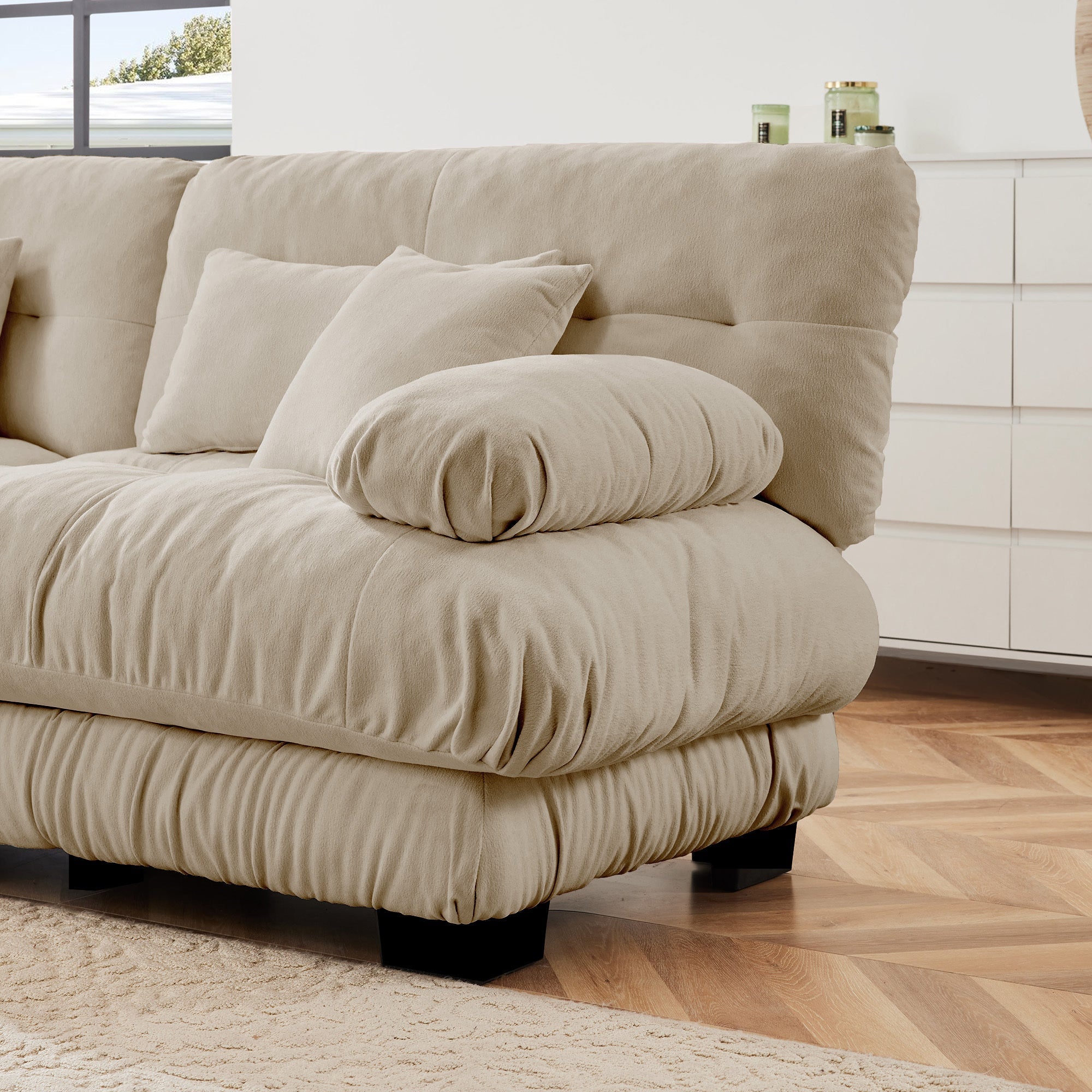 Sectional Sofa L-Shaped Chenille Light Coffee Convertible Ottoman