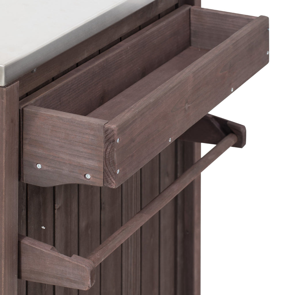 Outdoor Kitchen Island Grill Cart Fir Wood Stainless Steel Top 66.5x23x34 In