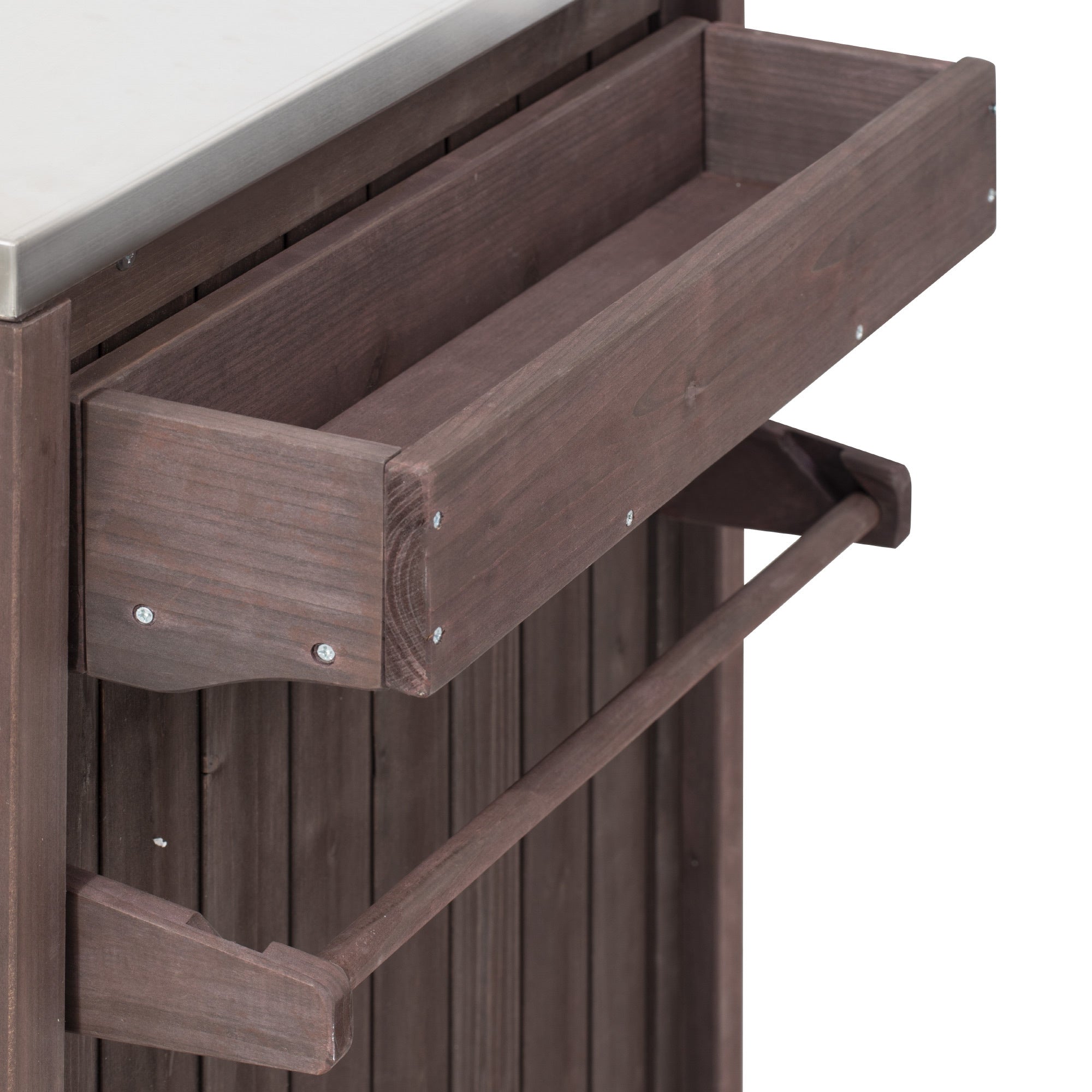 Outdoor Kitchen Island Grill Cart Fir Wood Stainless Steel Top 66.5x23x34 In