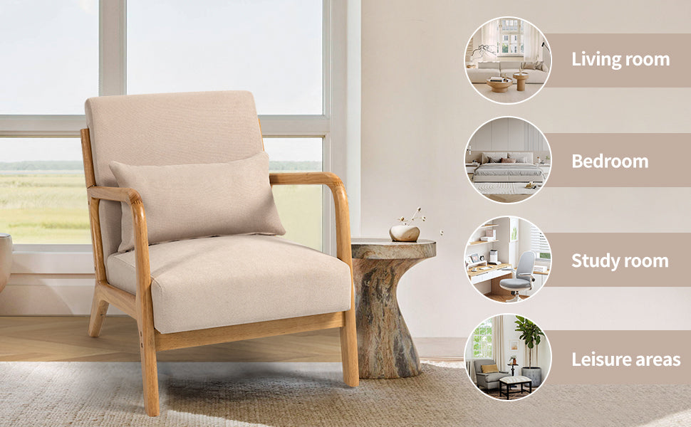 Accent Chair Mid Century Modern Beige Linen with Wood Armrest and Feet One Seat