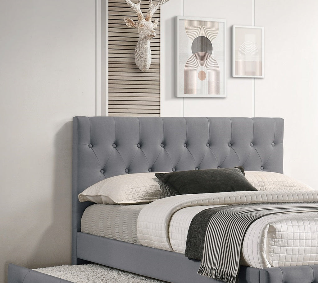 Contemporary Twin Size Bed w/ Trundle Slats Light Grey Burlap Upholstered Button Tufted Headboard Footboard Youth Bedroom Furniture wooden Slats 1pc Bed