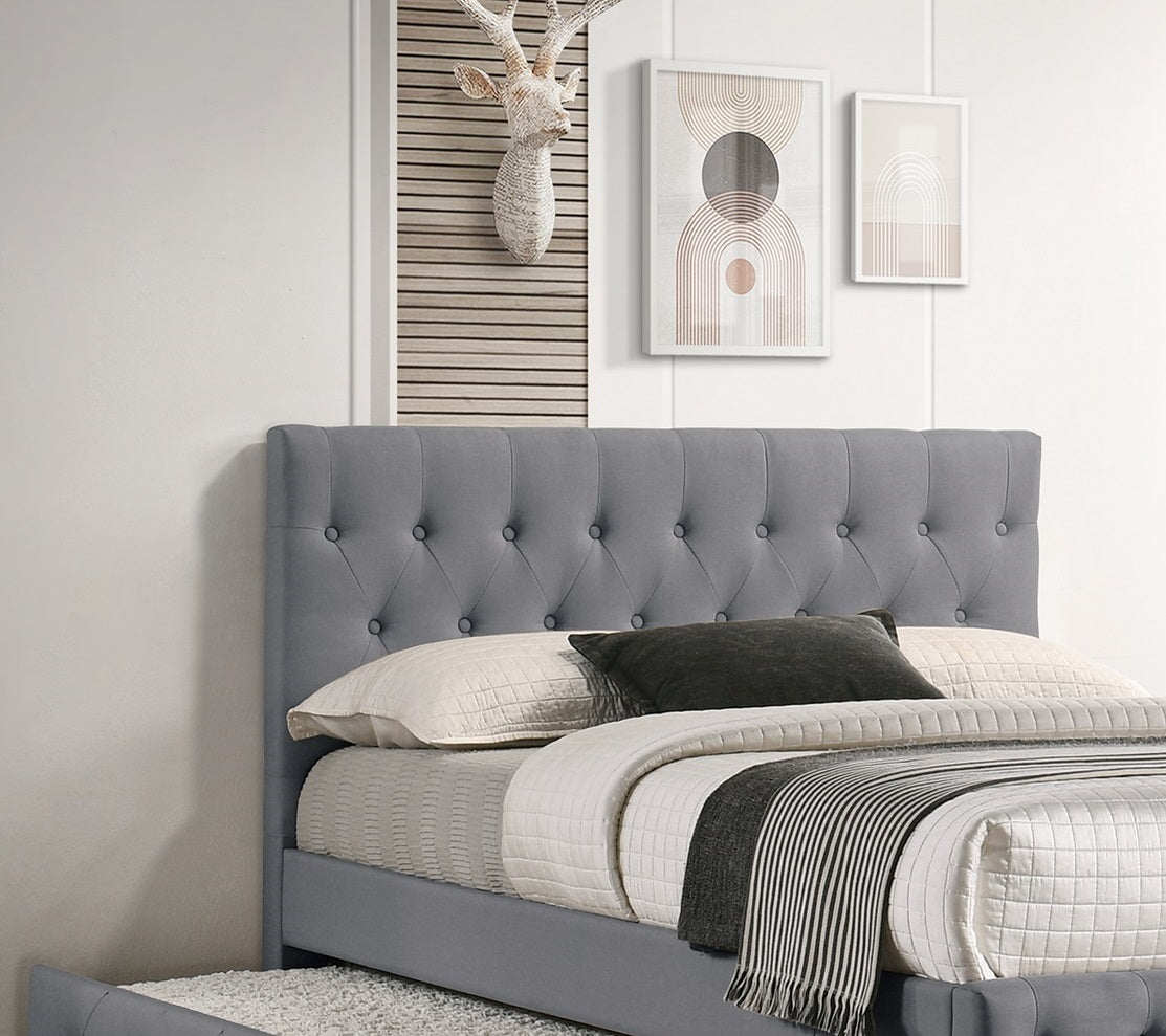 Contemporary Twin Size Bed w/ Trundle Slats Light Grey Burlap Upholstered Button Tufted Headboard Footboard Youth Bedroom Furniture wooden Slats 1pc Bed