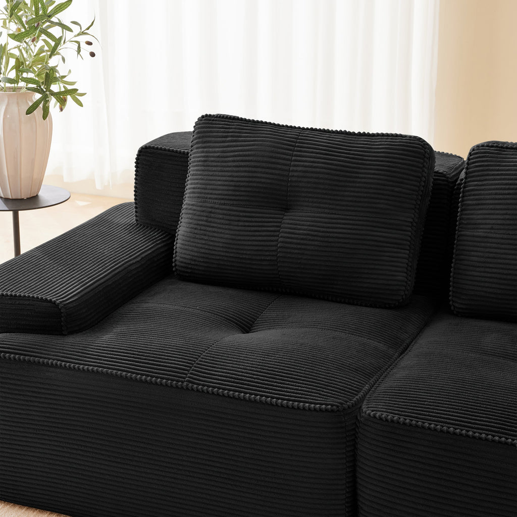 Sectional Sofa Modular Corduroy Black 3 Seater Tufted