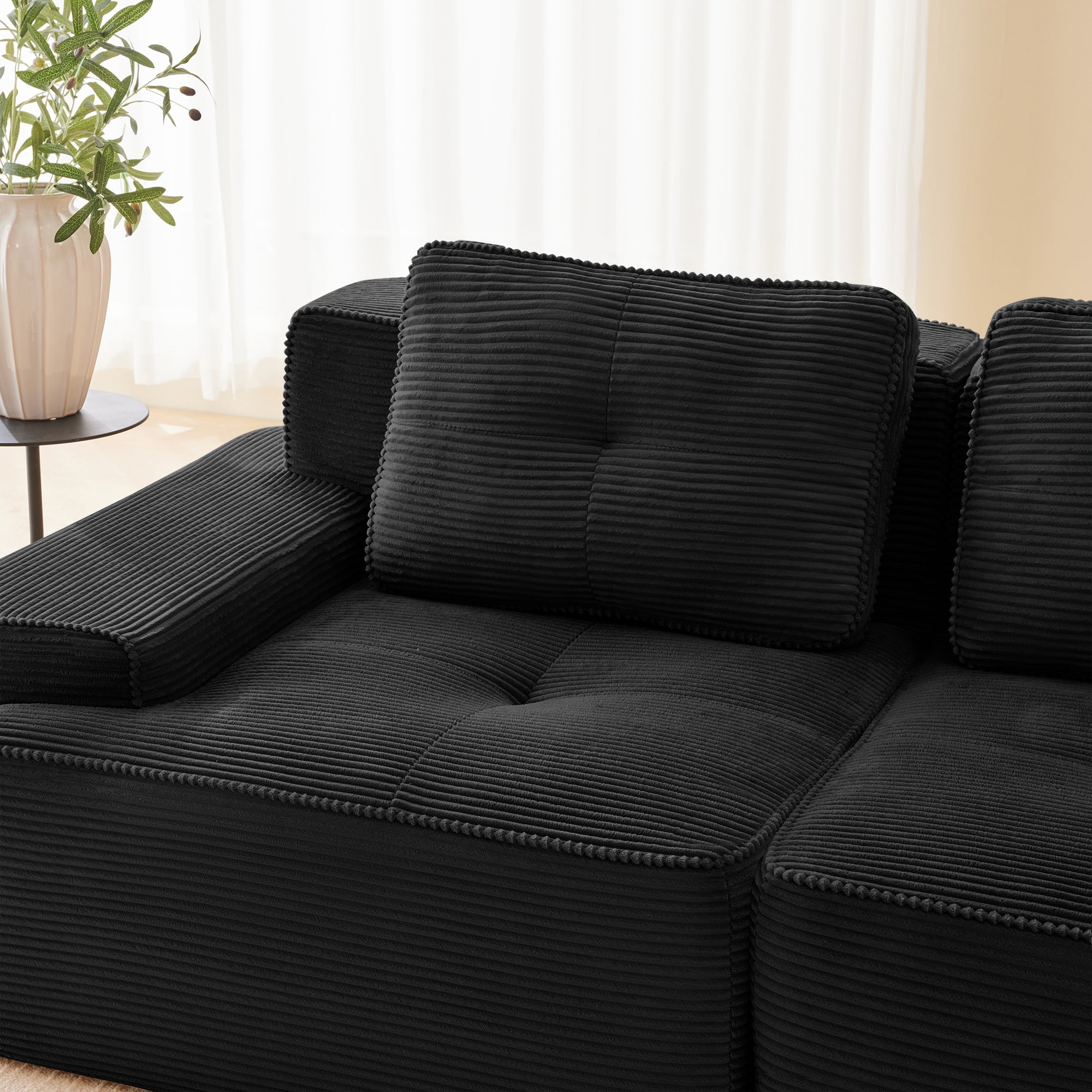 Sectional Sofa Modular Corduroy Black 3 Seater Tufted