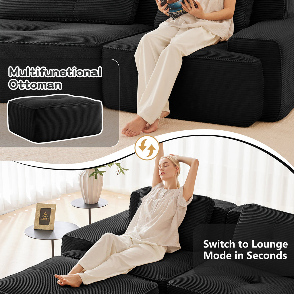 Sectional Sofa Modular Corduroy Black 3 Seater Tufted