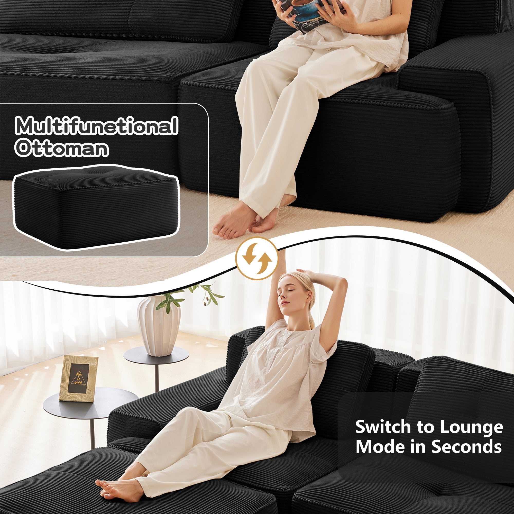Sectional Sofa Modular Corduroy Black 3 Seater Tufted