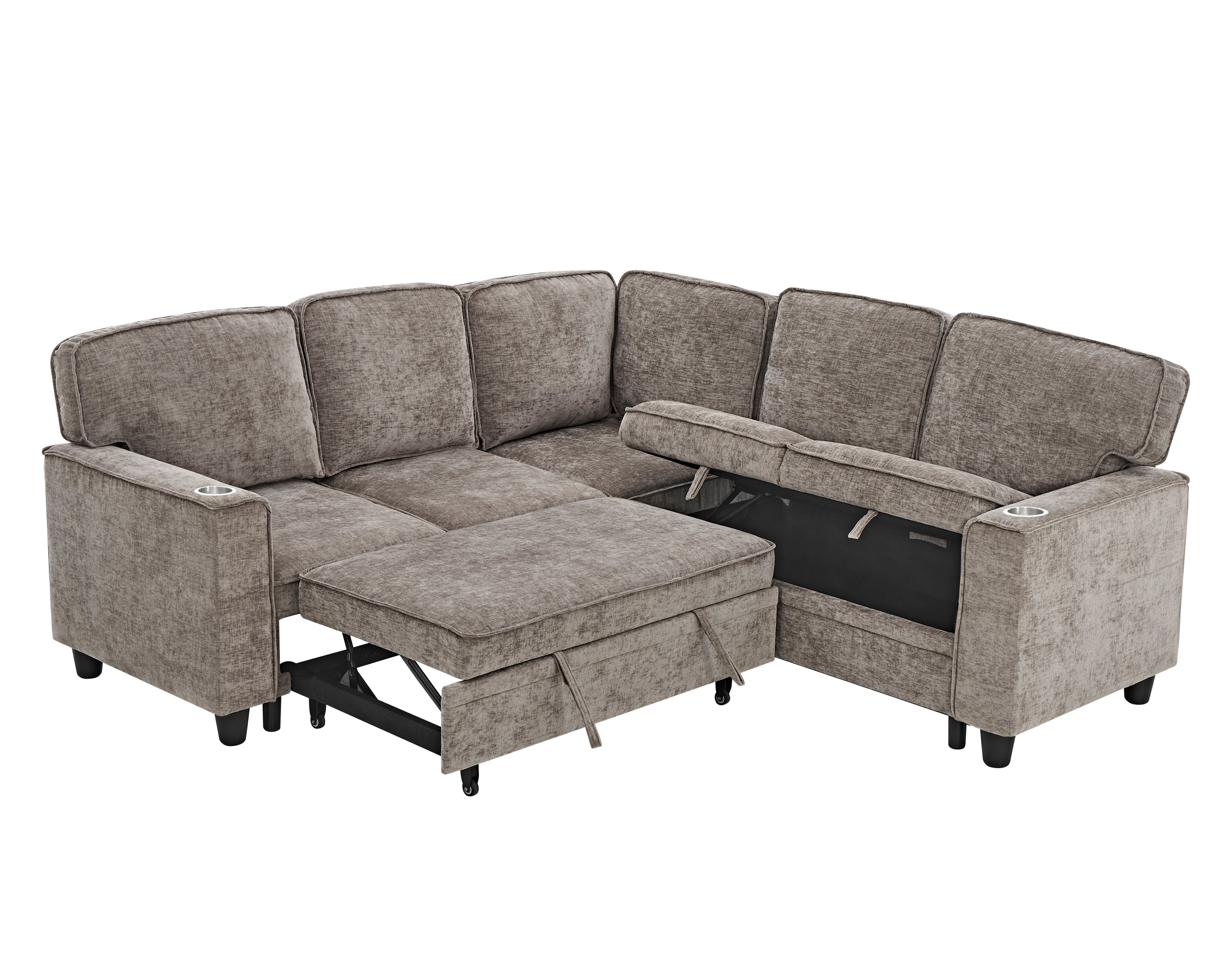 Sectional Sofa L-Shape Chenille Brown 5 Seat USB Ports Pull-Out 81 In