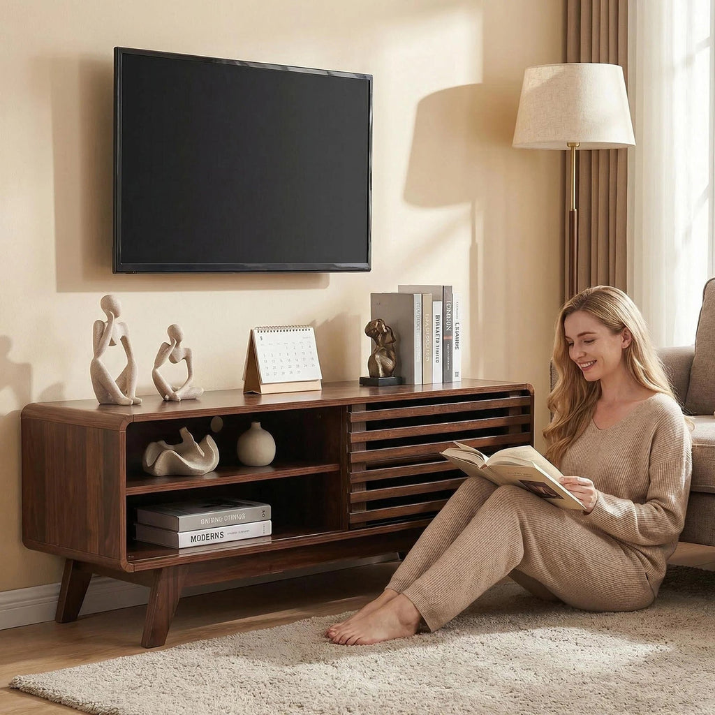 TV Stand Walnut MDF Slatted Sliding Door Fits 50 In TV Cable Management