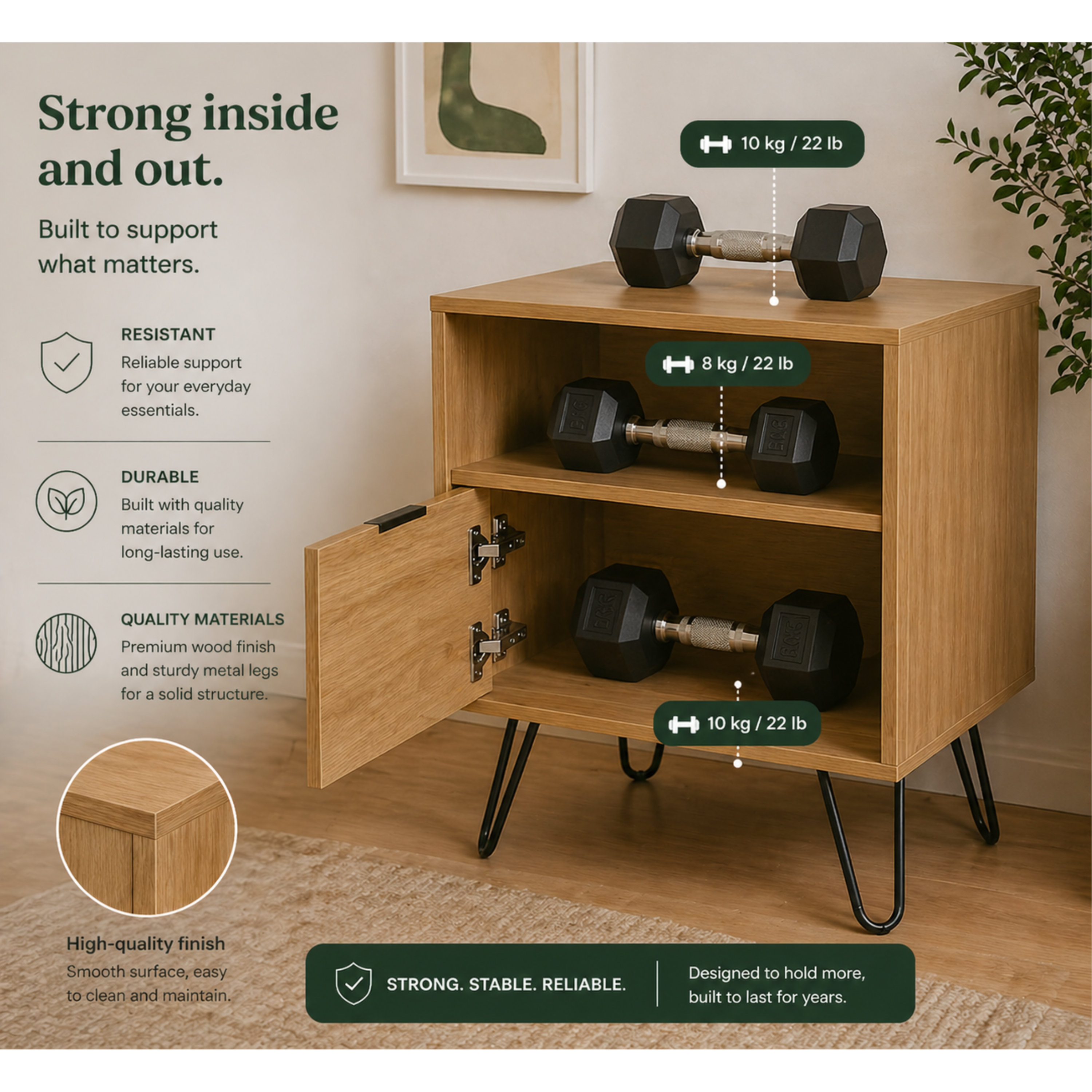 Set of 2 Modern Nightstands with Storage, Metal Legs, Light Oak