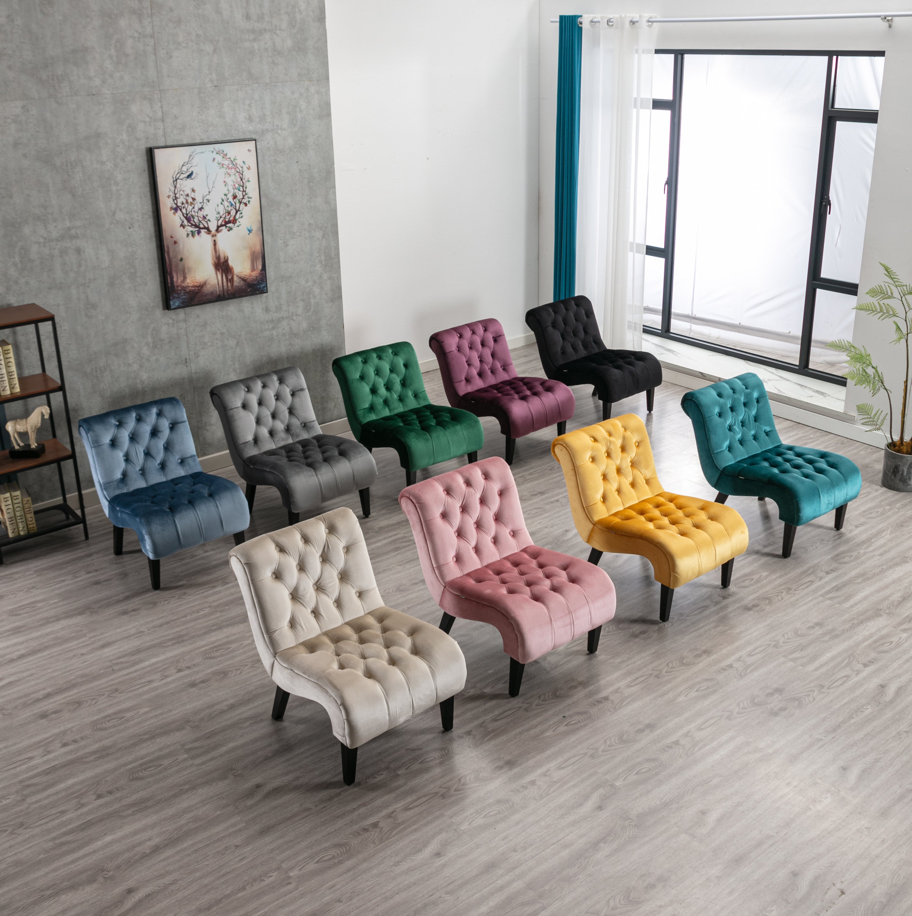 COOLMORE Modern Velvet Armless Accent Living Room Chair / Leisure Chair,Upholstered Fabric Button Comfortable Chair with Wooden Legs for Bedroom, Living Room, Office (Black Velvet)