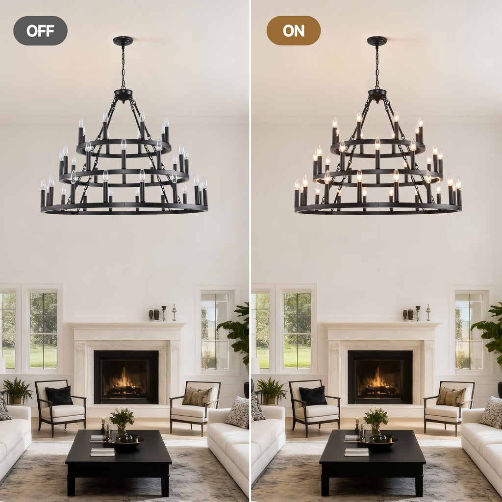 Chandelier Wagon Wheel 3-Tier 36-Light Black Metal 39.37 In Industrial