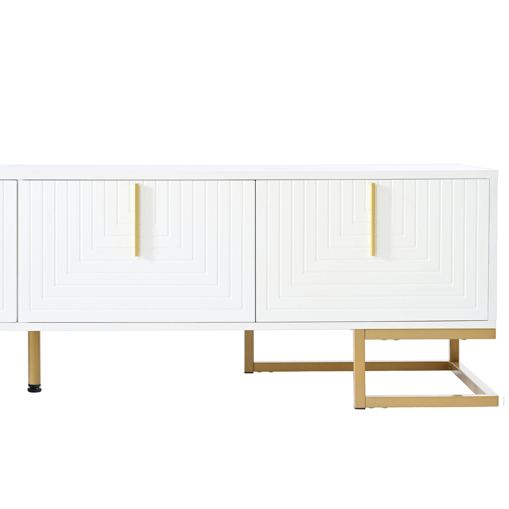 TV Stand Modern White Gold Geometric Door MDF Adjustable Shelves Fits 80 In
