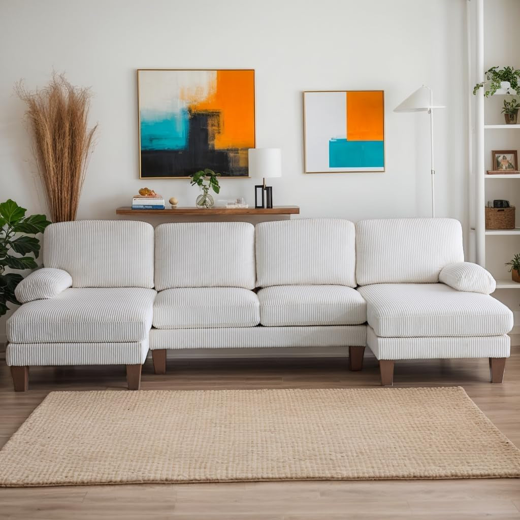 Beige 111 Inch U Shape Corduroy Sectional Sofa With Chaises