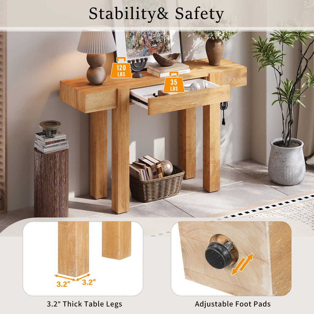 Rustic Console Table, Hidden Drawer, Side Power Outlet, Entryway Table, Natural