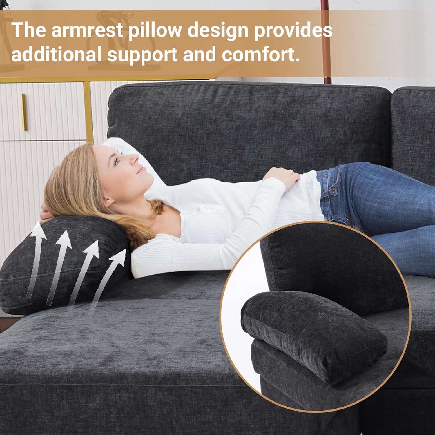 110 Inch U Shaped Sectional Couch For Living Room With Double Chaise In Chenille Fabric Black