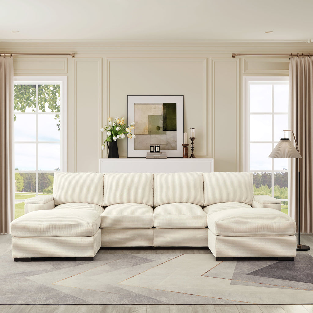 Sectional Sofa L-Shaped Modern Corduroy Beige 122-inch Sleeper with Ottomans