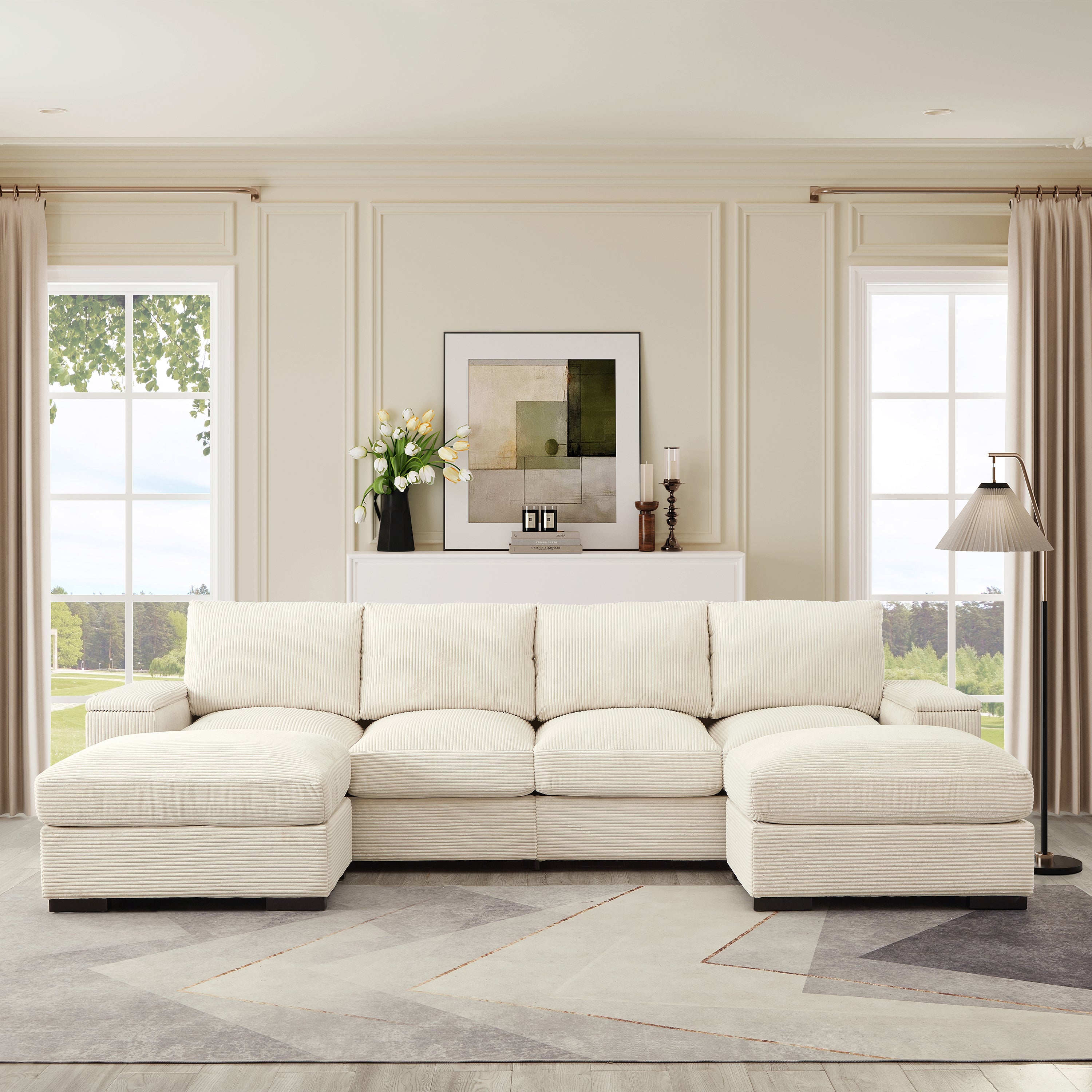 Sectional Sofa L-Shaped Modern Corduroy Beige 122-inch Sleeper with Ottomans