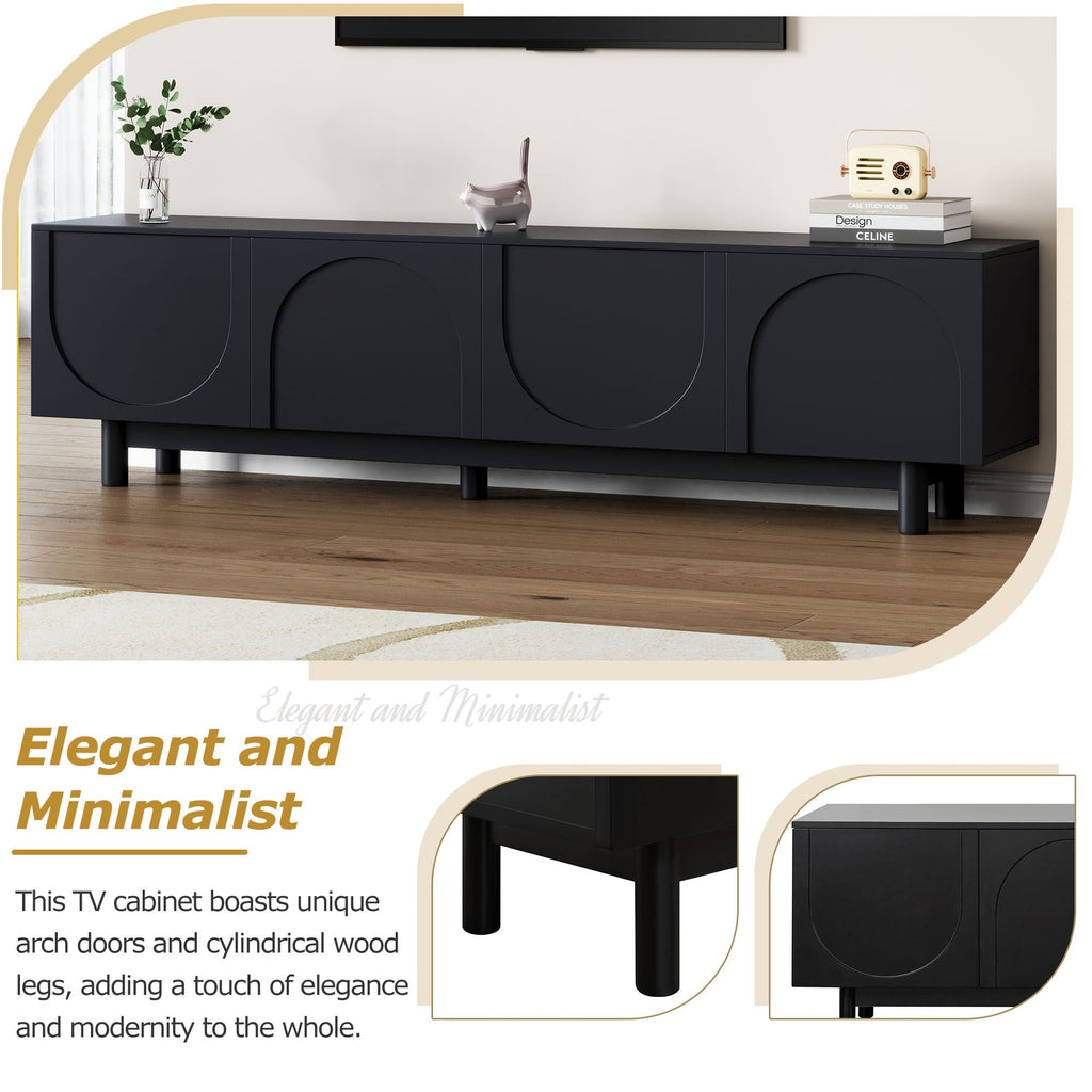 TV Stand Minimalist Black Particle Board Arch Doors Wood Legs Fits 78 In TV