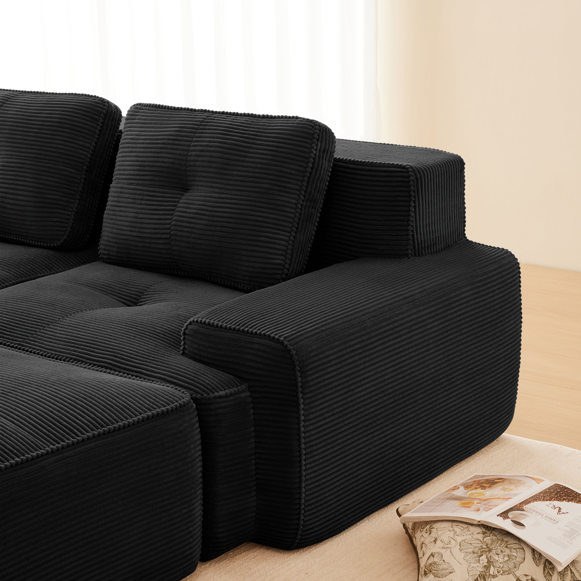 Sectional Sofa Modular Corduroy Black 3 Seater Tufted