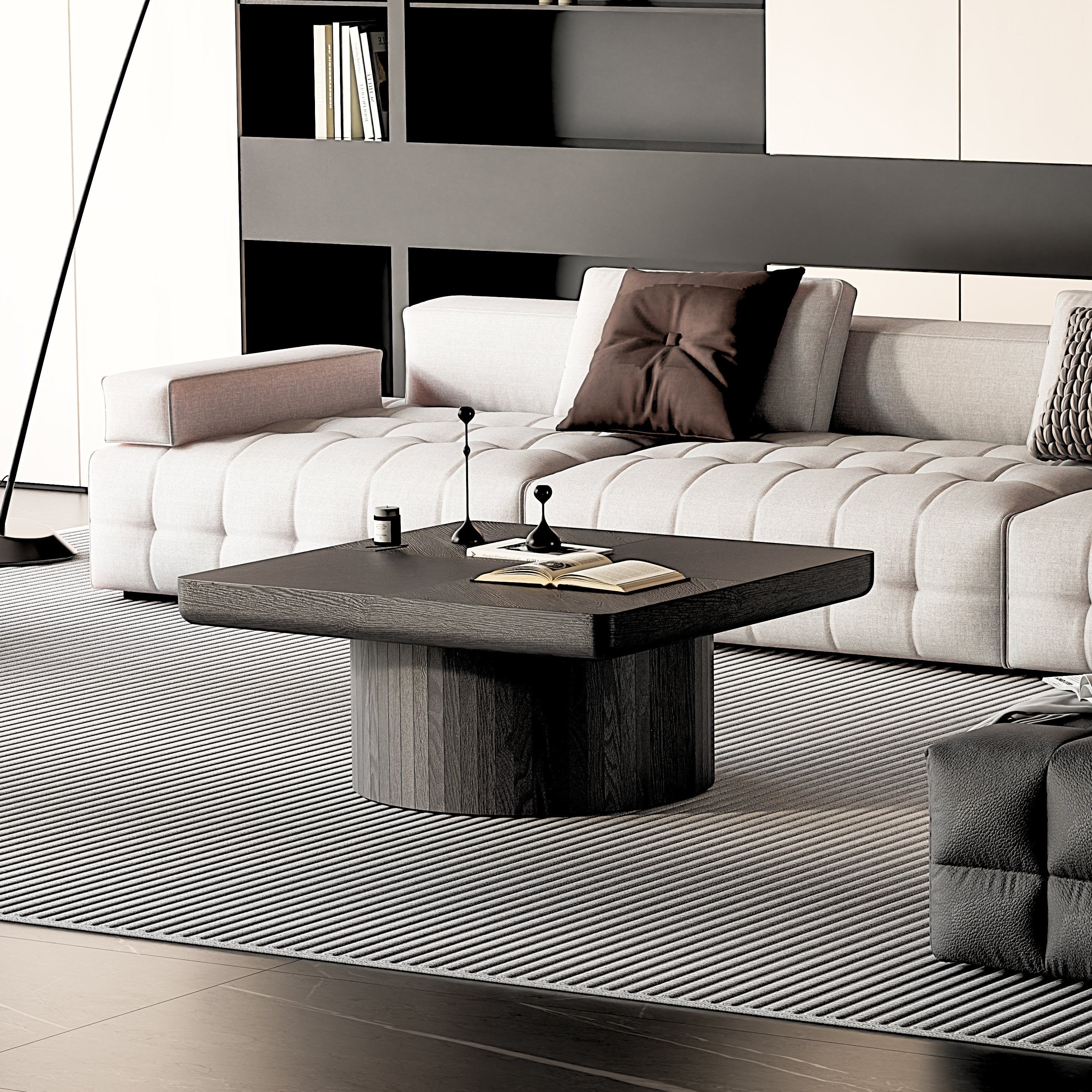 2-Piece Wood Nesting Coffee Tables, Fluted Pedestal, Living Room, Black