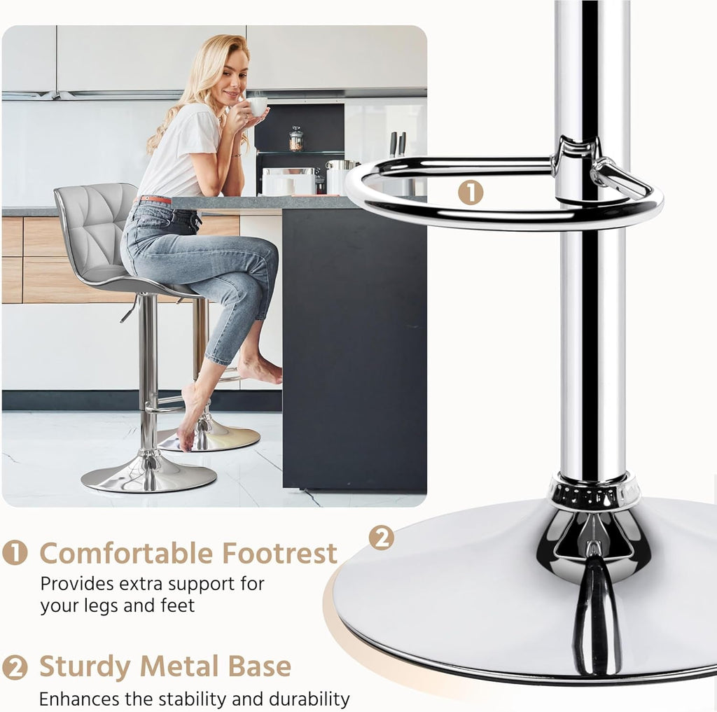 Bar Stools Set Of 2 Adjustable Swivel PU Leather Light Grey