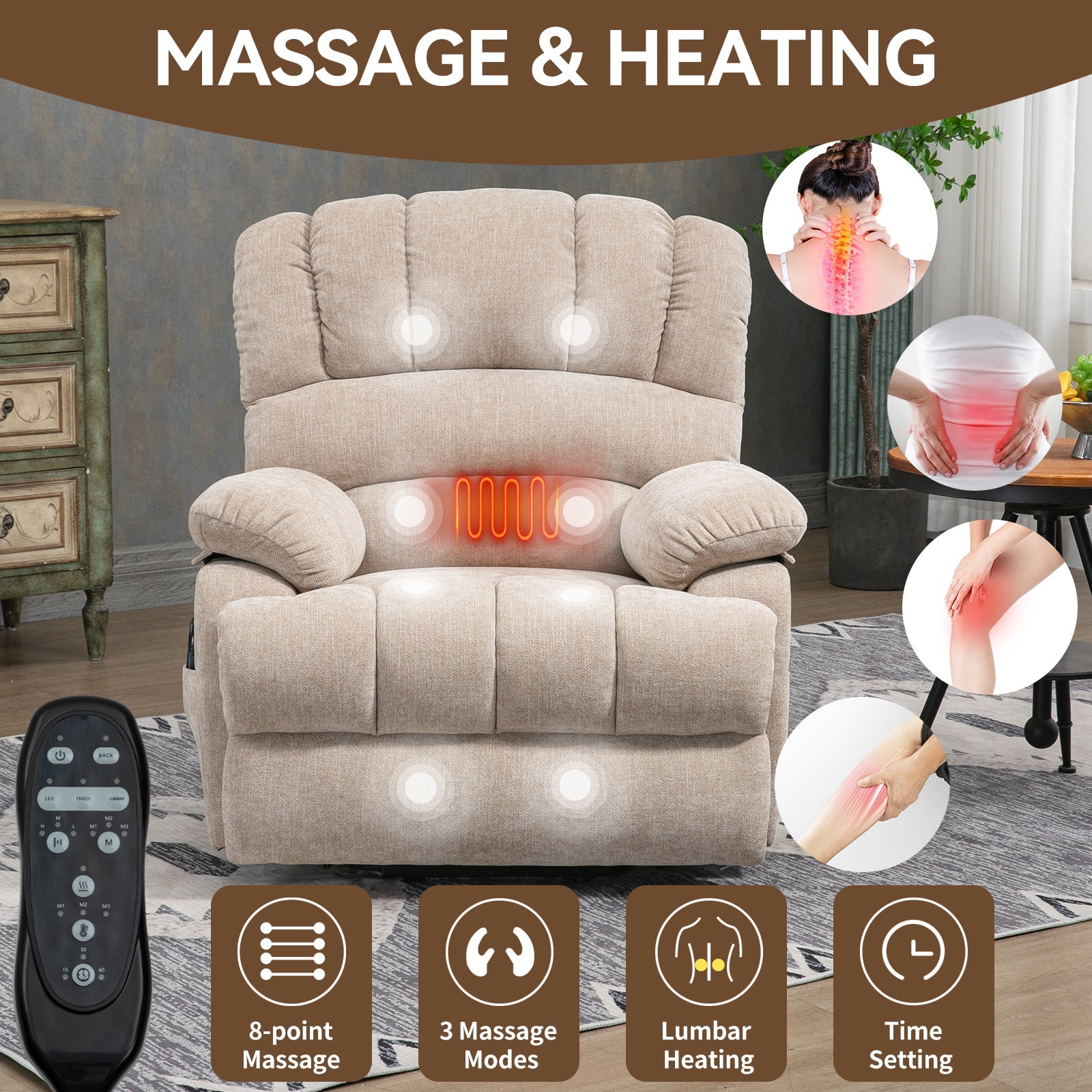 Lift Recliner Chair Power Oversized Chenille Beige 23 In Seat USB 350 LB