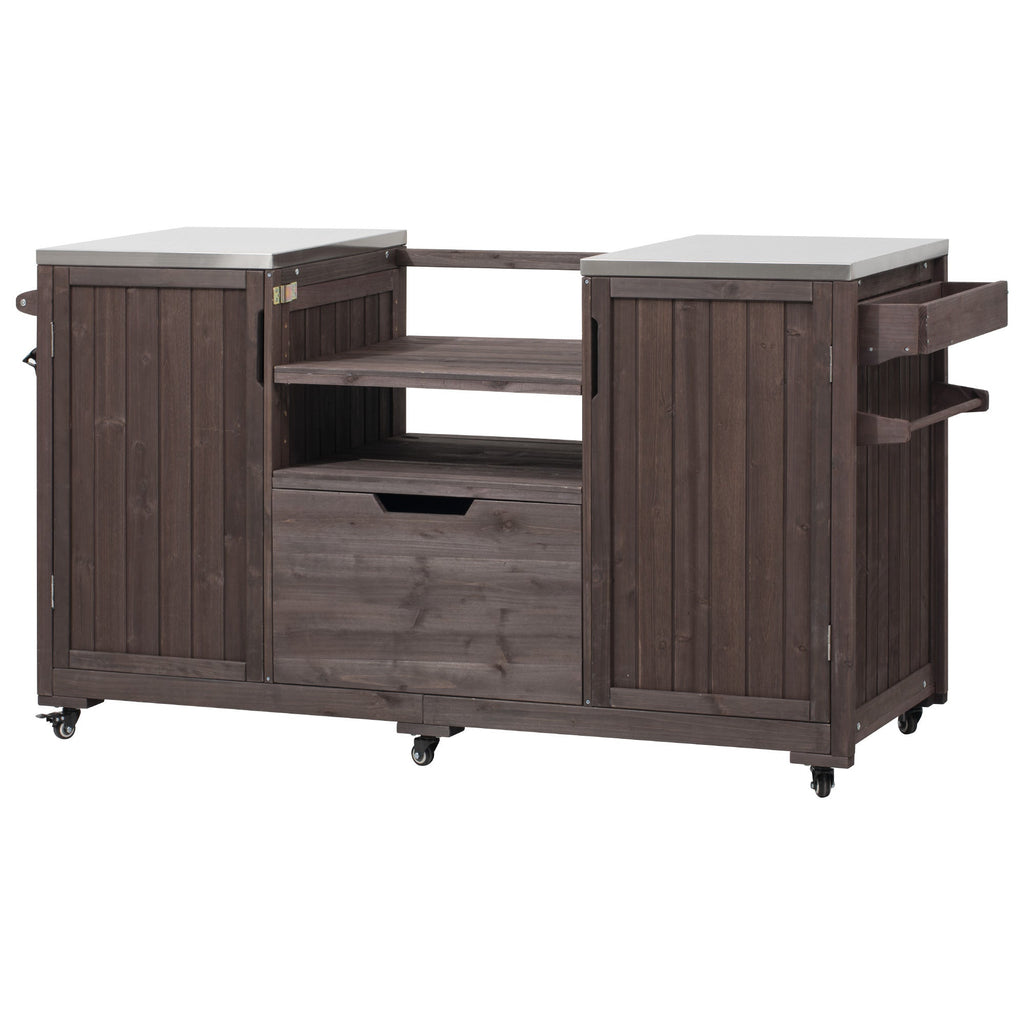 Outdoor Kitchen Island Grill Cart Fir Wood Stainless Steel Top 66.5x23x34 In