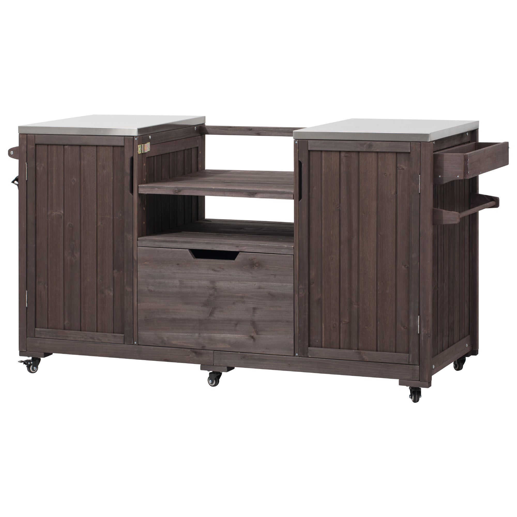 Outdoor Kitchen Island Grill Cart Fir Wood Stainless Steel Top 66.5x23x34 In