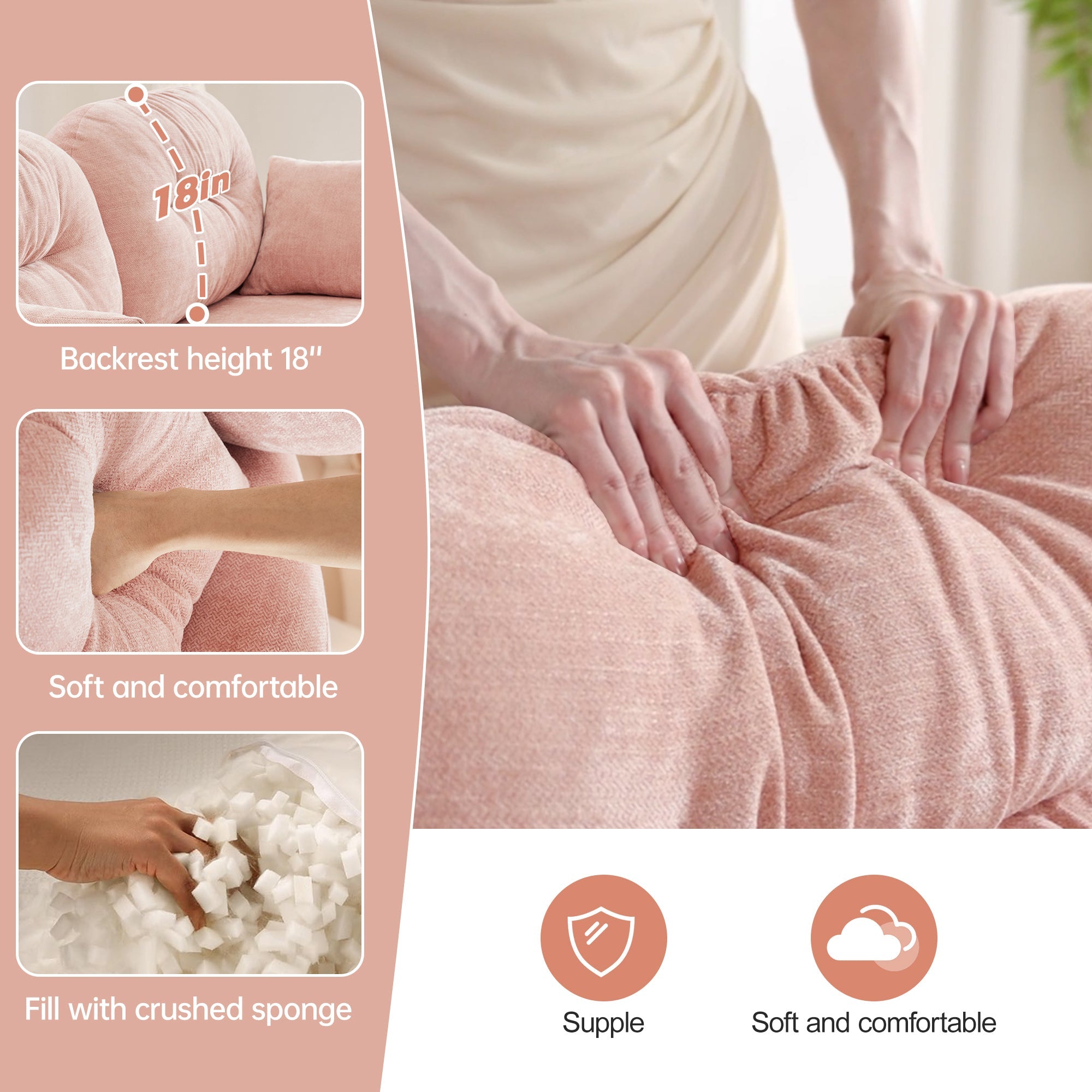 Sectional Sofa Modular Chenille Pink 3-Seat Tufted Pleated Cloud Style