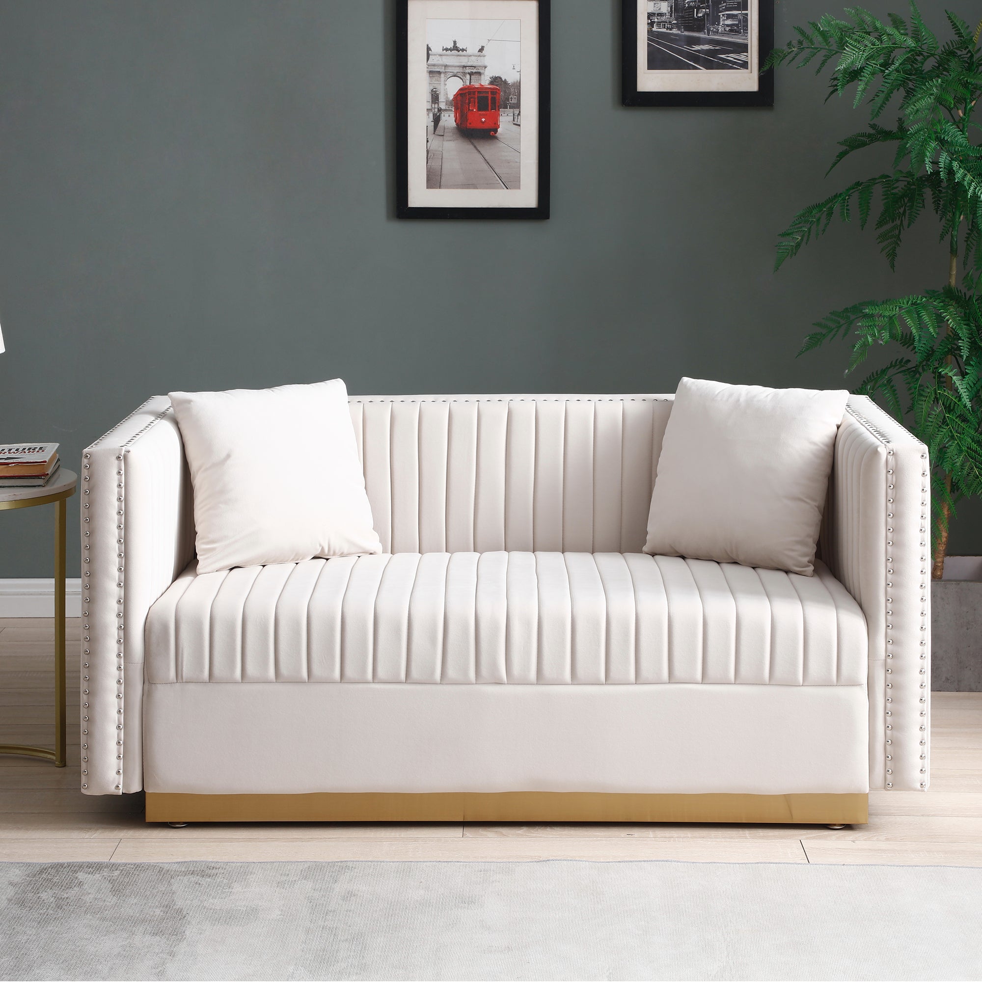 Loveseat Velvet Beige Channel Tufted Gold Stainless Base 2 Seat 61 In 600 LB