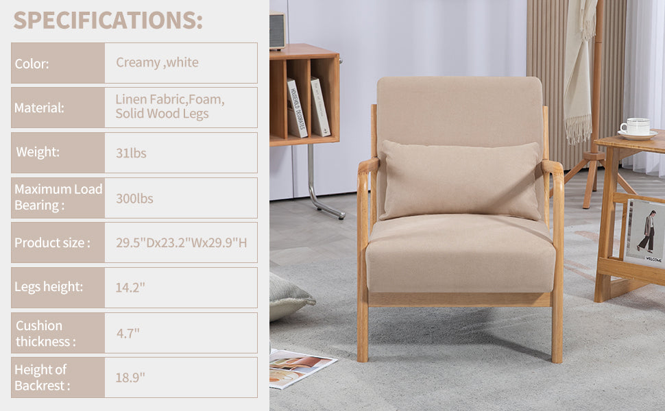 Accent Chair Mid Century Modern Beige Linen with Wood Armrest and Feet One Seat
