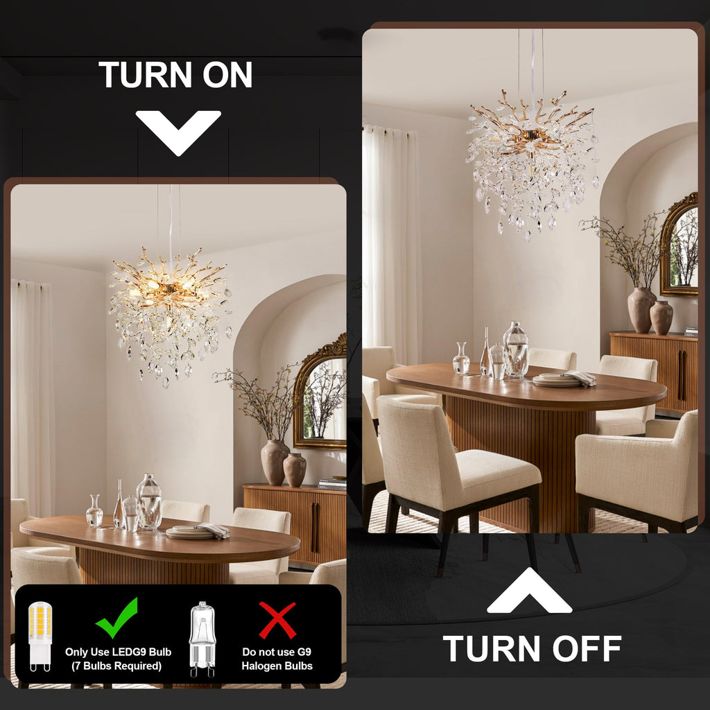 Chandelier Tree Branch Crystal Gold 7-Light Modern 18 In Living Dining