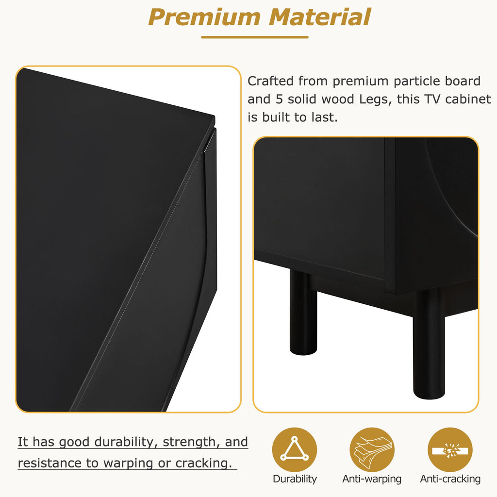 TV Stand Minimalist Black Particle Board Arch Doors Wood Legs Fits 78 In TV