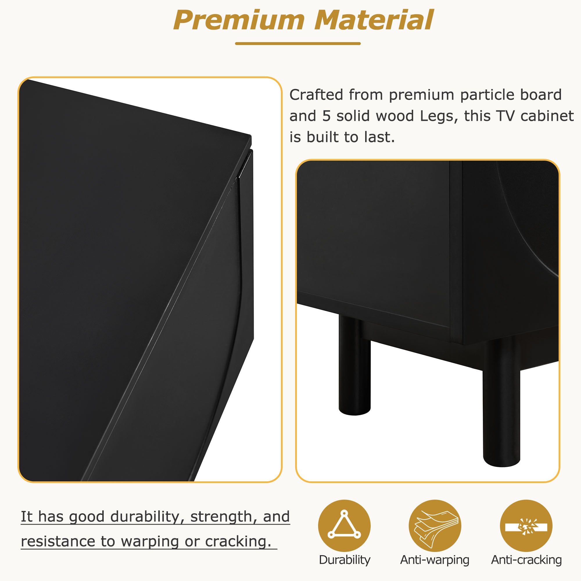 TV Stand Minimalist Black Particle Board Arch Doors Wood Legs Fits 78 In TV