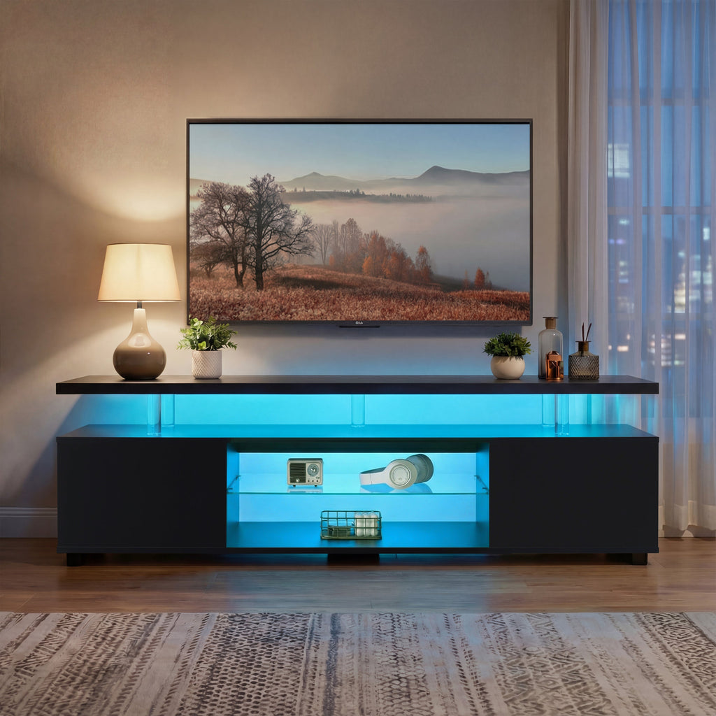 TV Stand Gaming LED Black Engineered Wood Fits 70 In TV 63x16x21 In
