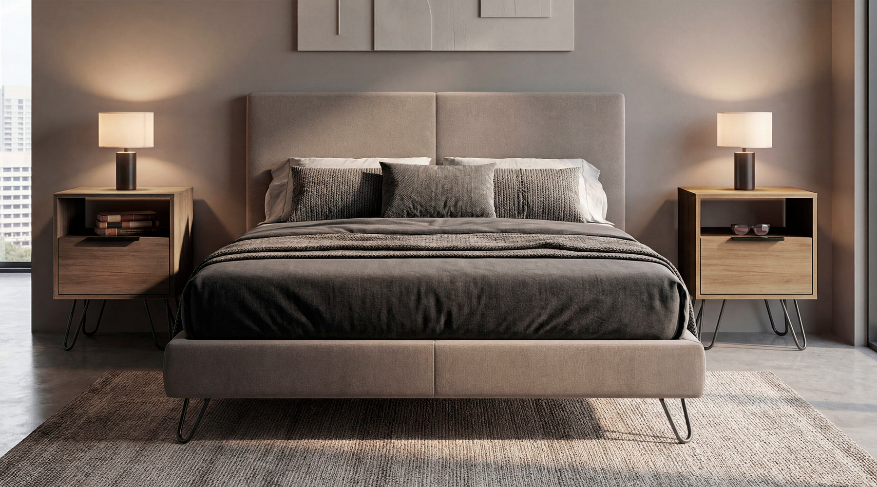 Set of 2 Modern Nightstands with Storage, Metal Legs, Light Oak