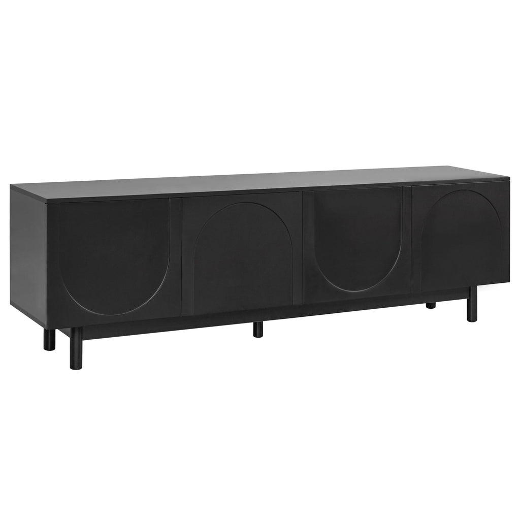 TV Stand Minimalist Black Particle Board Arch Doors Wood Legs Fits 78 In TV