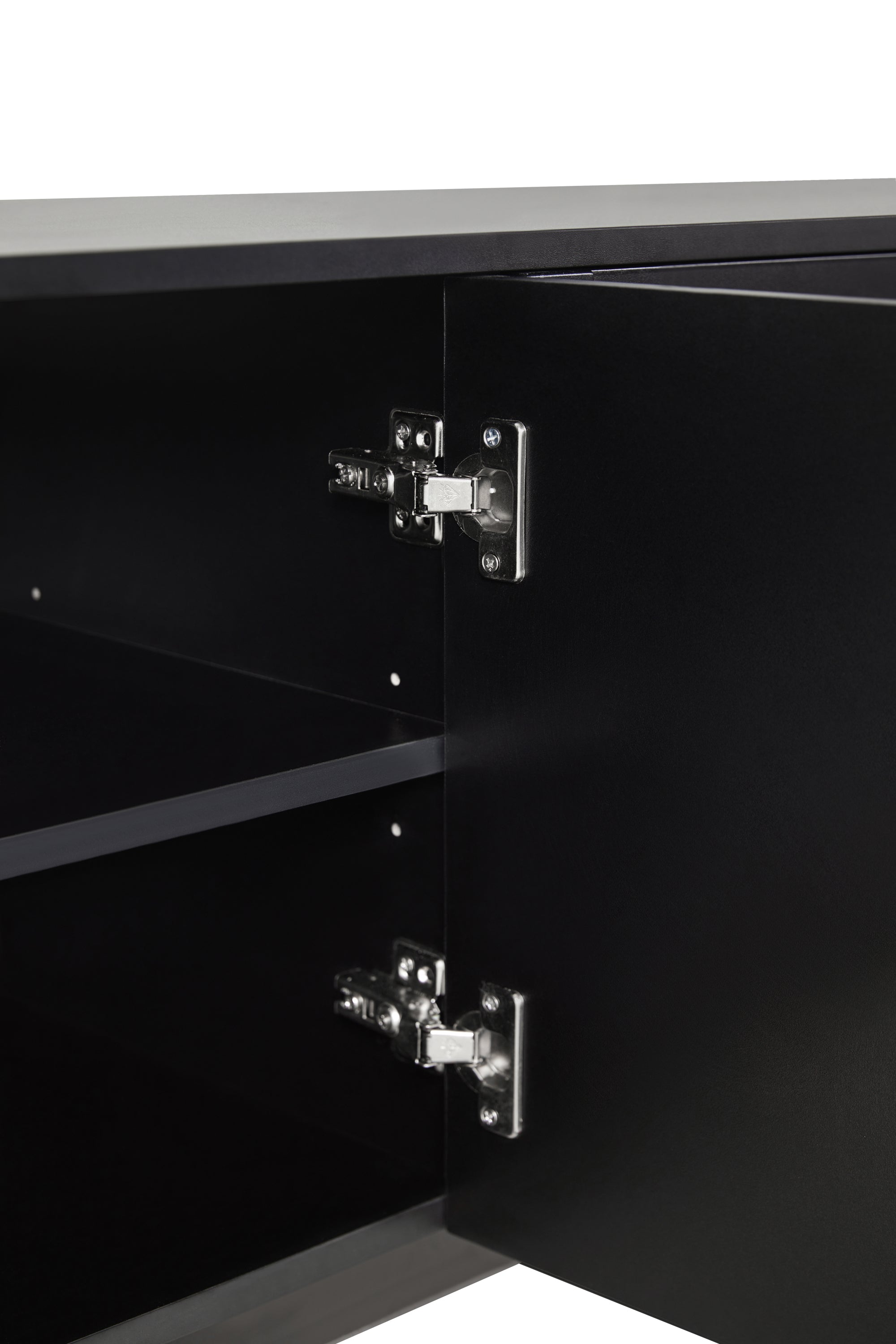 TV Stand Minimalist Black Particle Board Arch Doors Wood Legs Fits 78 In TV