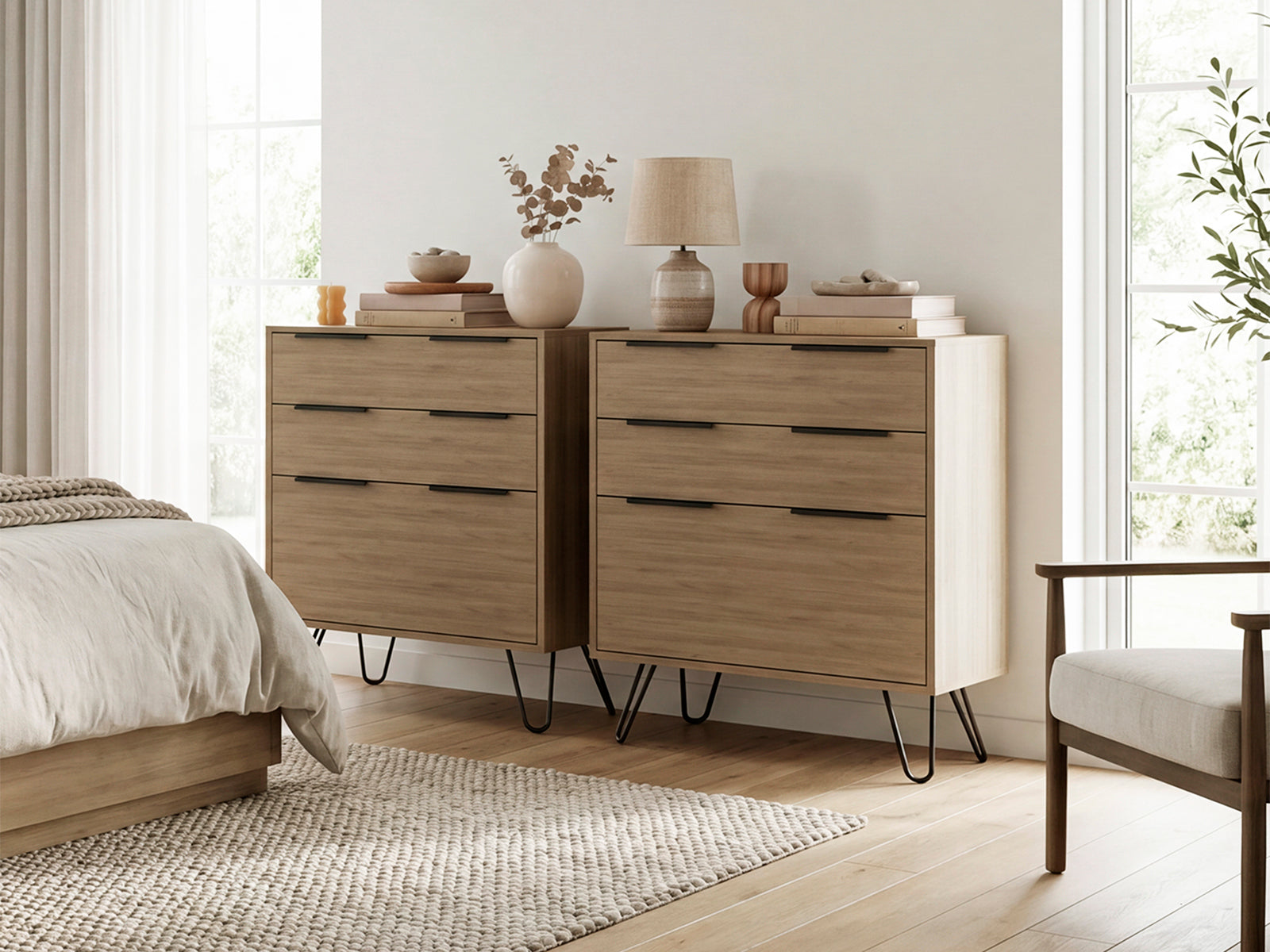 Dresser Modern Set of 2 3-Drawer Beige Particle Board Metal Legs 30.1x35.5 In
