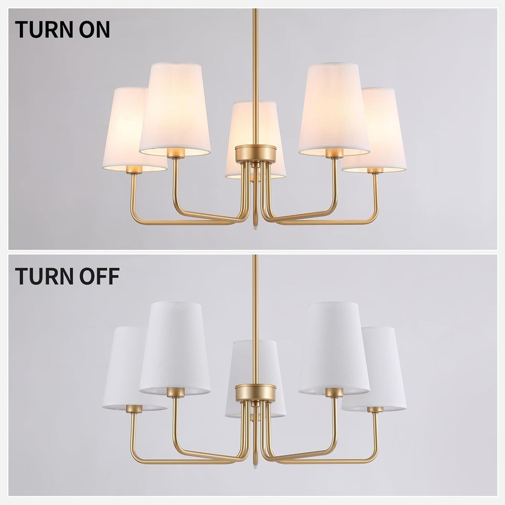 Five Light Gilded Farmhouse Chandelier With White Shades