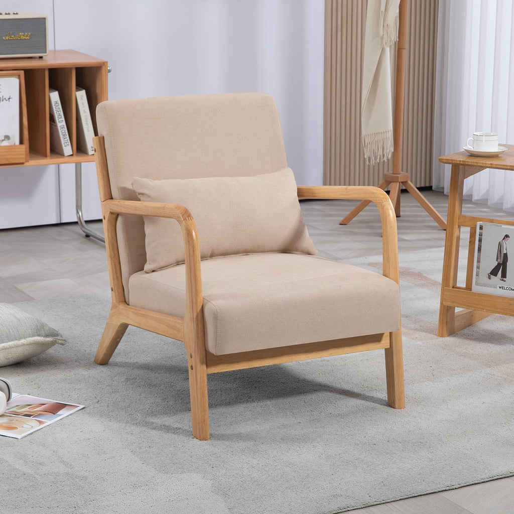 Accent Chair Mid Century Modern Beige Linen with Wood Armrest and Feet One Seat