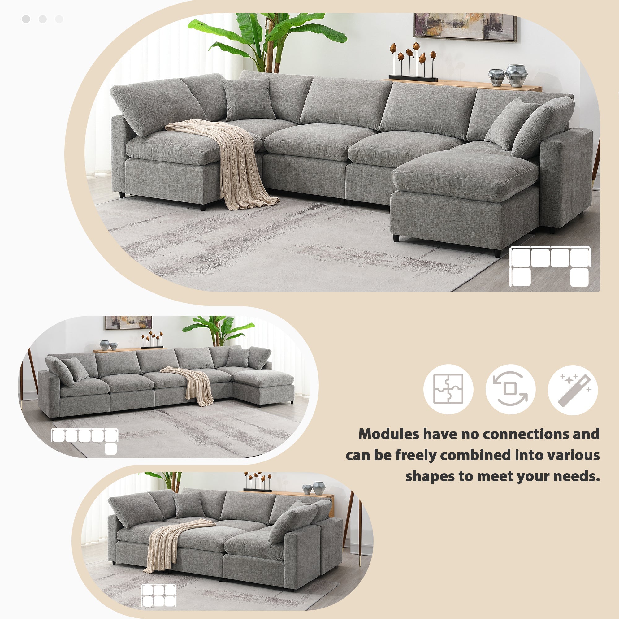 Sofa Modular U-Shape Chenille Gray 6 Seat Convertible Ottoman 130 In