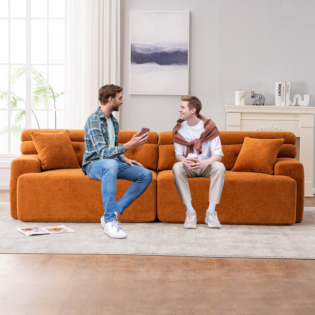 Reconfigurable 4-Seater Sectional Sofa with Wood Grain Chenille Fabric, Amber Orange Modular Sofa with 2 Pillows, High-Density Sponge Couch for Living Room & Apartment