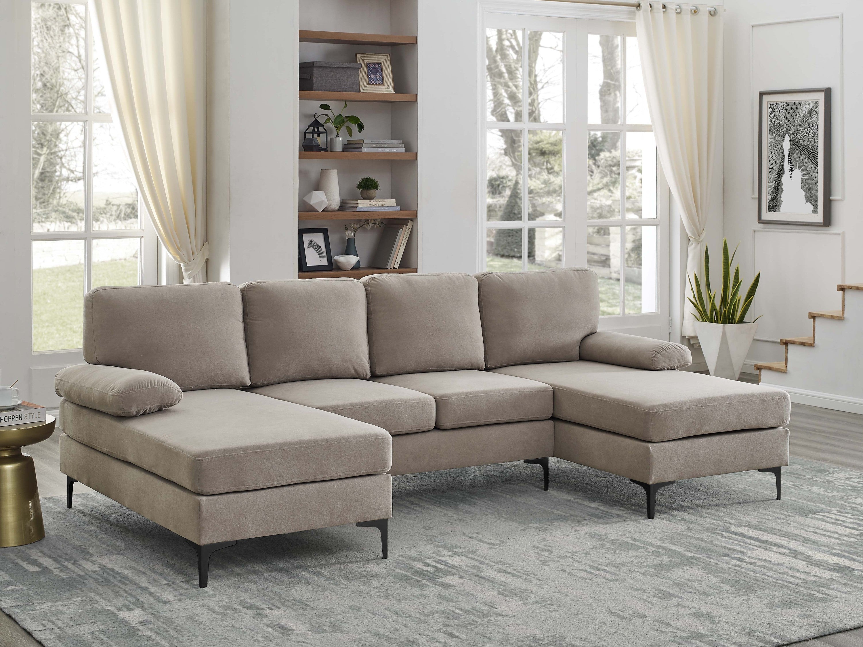 Sectional Sofa U-Shape Polyester Blend Khaki 4-Seat Double Chaise 106x56 In