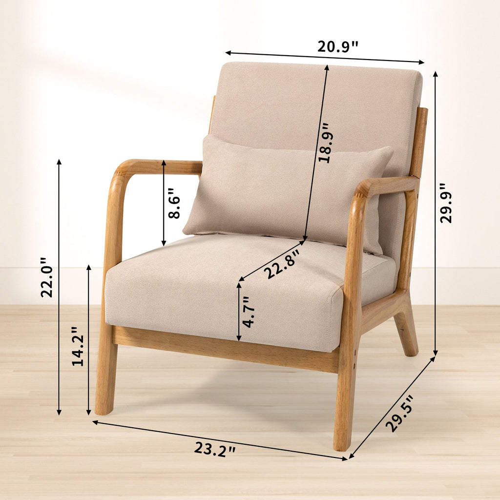 Accent Chair Mid Century Modern Beige Linen with Wood Armrest and Feet One Seat