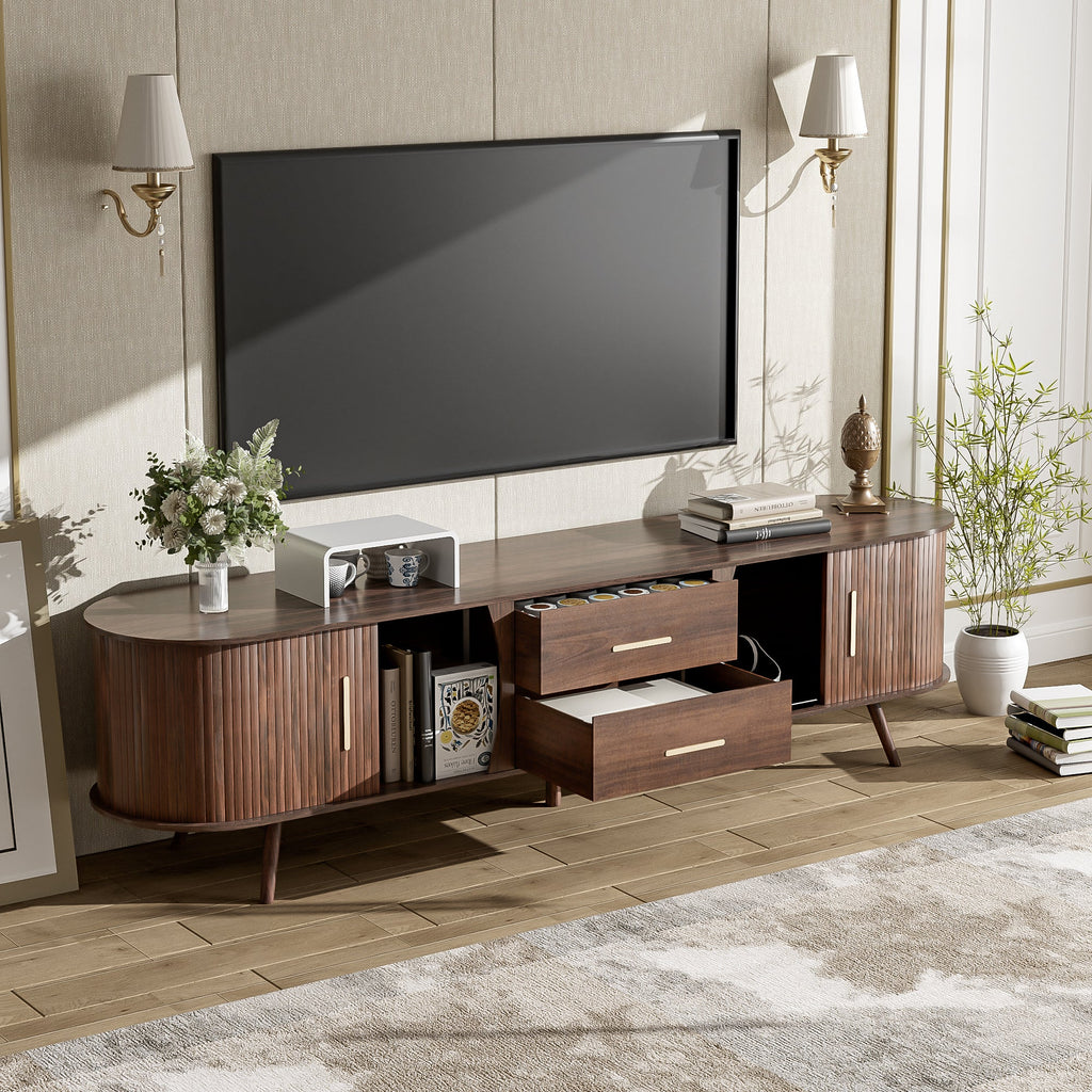 TV Stand Mid-Century Dark Brown Solid Wood Sliding Door Fits 80 In TV 70.8 In