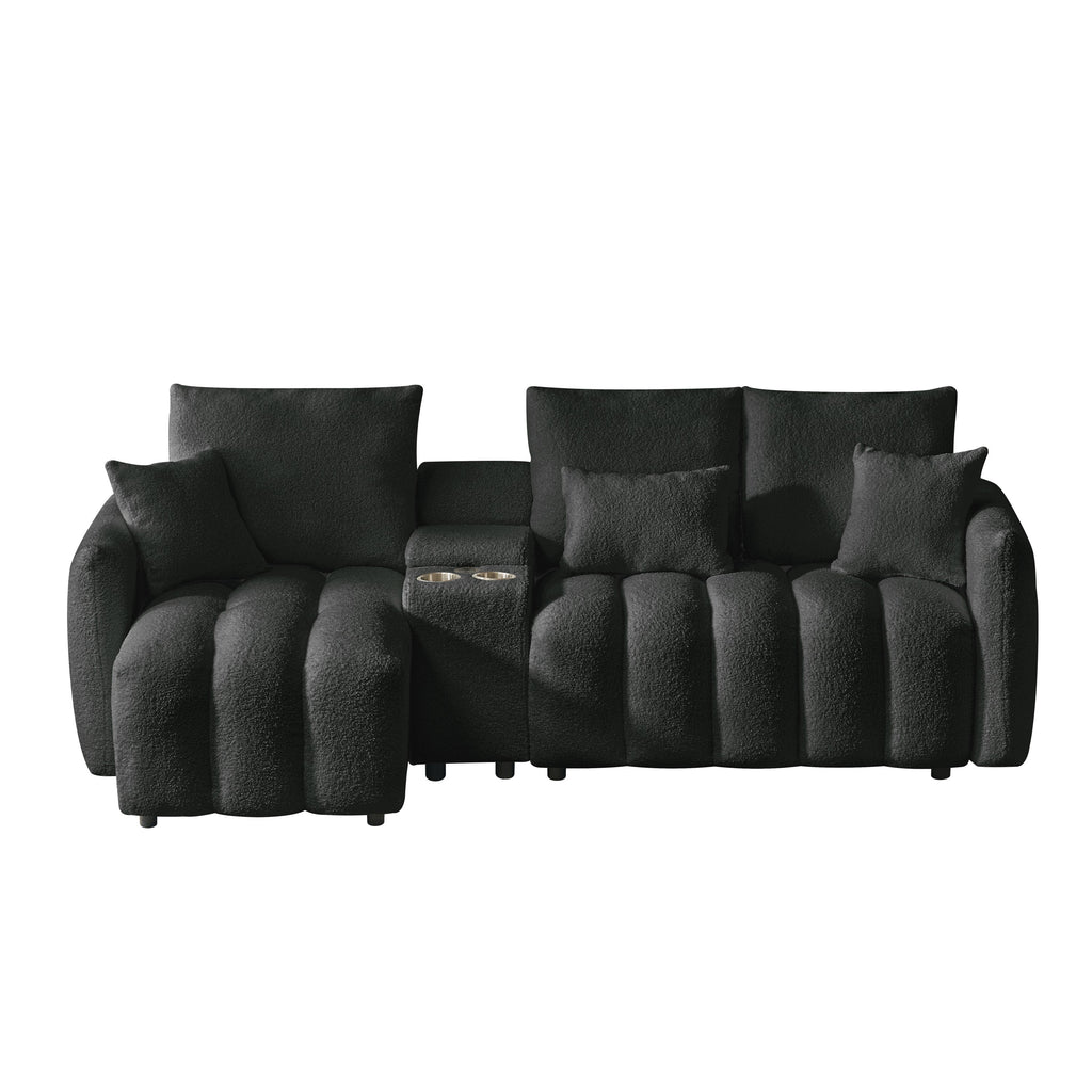 Sectional Sofa Cloud Teddy Fabric with Console USB Charger Cup Holders