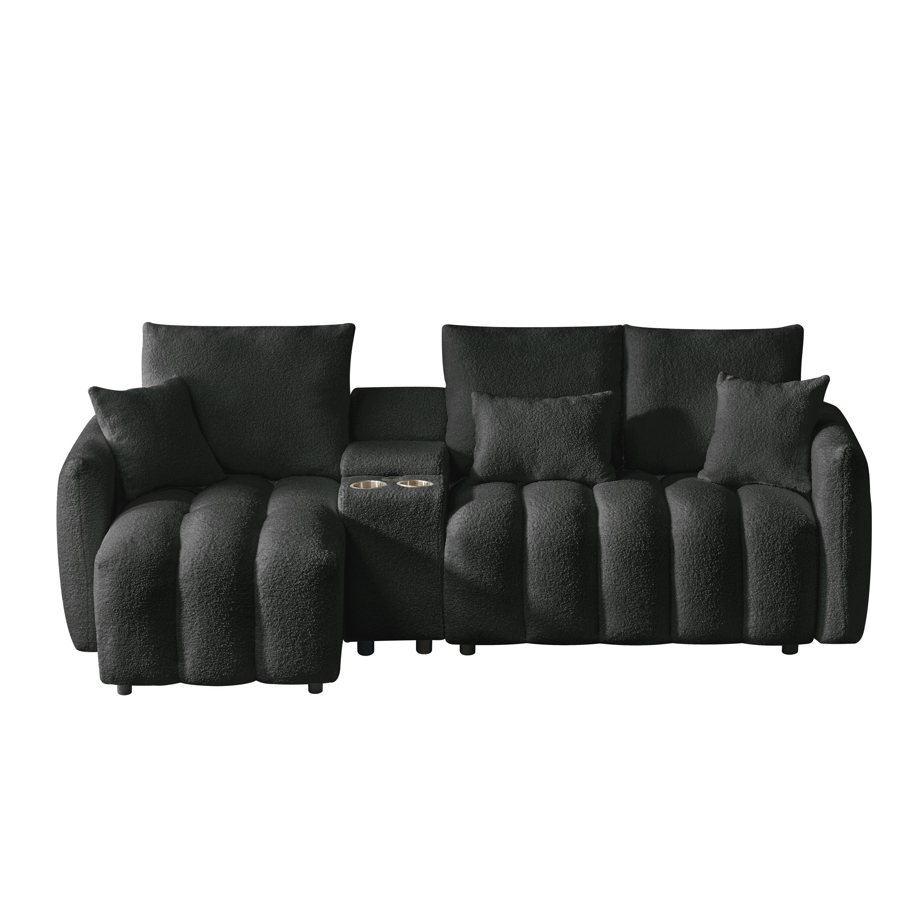 Sectional Sofa Cloud Teddy Fabric with Console USB Charger Cup Holders